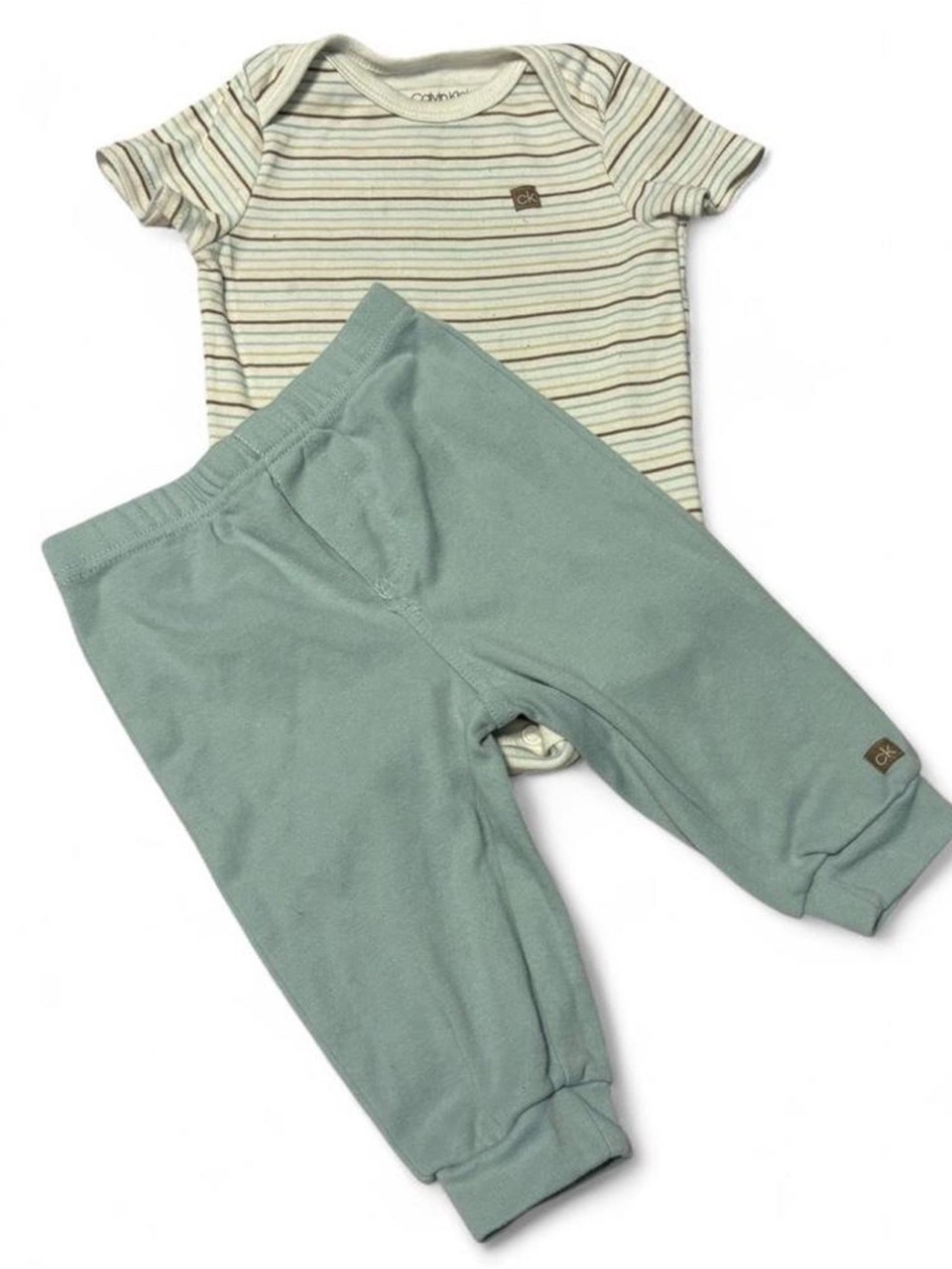 Calvin Klein Baby Blue Pant & Striped White Bodysuit Set